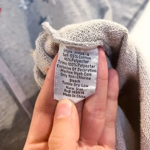 Johnny Was Gray Embroidered Short Sleeve Hooded Top Bohemian Pullover Hoodie S - Picture 6 of 7